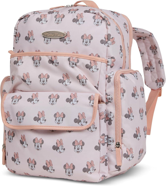 Disney Diaper Bag Backpack with Changing Pad Minnie Mouse – 16” Nylon Baby Bag for Parents, Insulated Bottle Holders, Multiple Storage Pockets